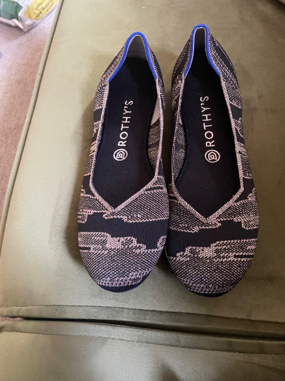 Rothy's Black and Tan Knit Women's Flats with Blue Trim